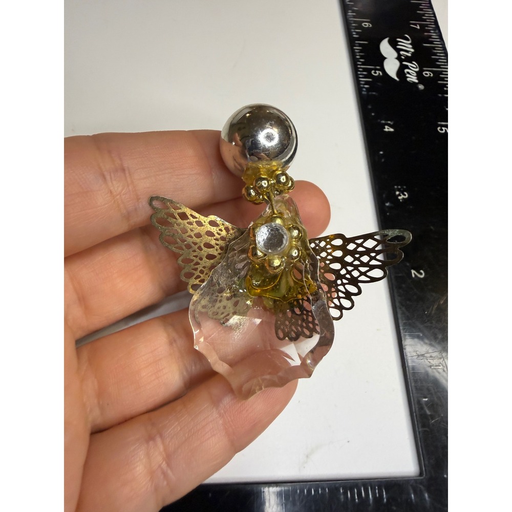 Angel Brooch Gold Silver Tone Filigree Wings Clear Faceted Acrylic Rhinestone